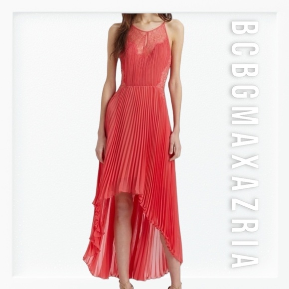 NWT BCBGMaxazria Maryella Pleated and Lace High Low Coral Dress sz 0 - Picture 1 of 12